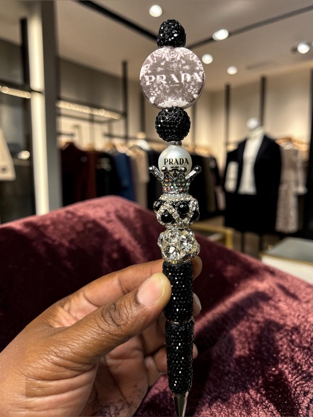 Handcrafted Black Crystal Rhinestone Beaded Decorative Pen with Clear Accents